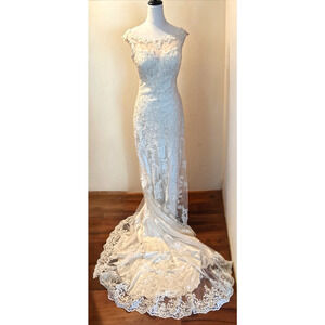 Stella York Wedding Dress Size 12 Ivory Lace Fit & Flare Illusion Neckline Chape
